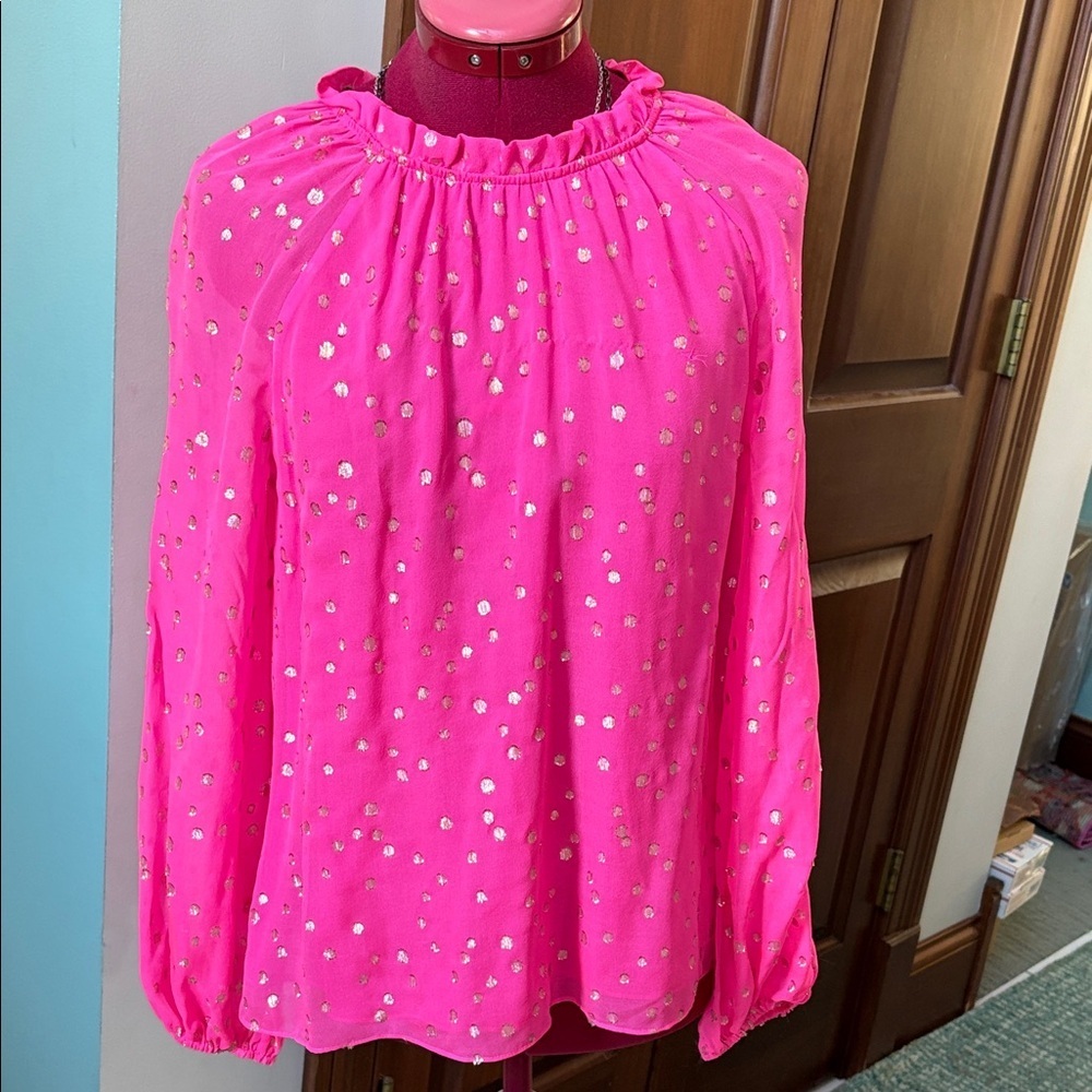 Lilly Pulitzer silk top  ruffle neck long sleeve Pink Topaz gold metallic polka.